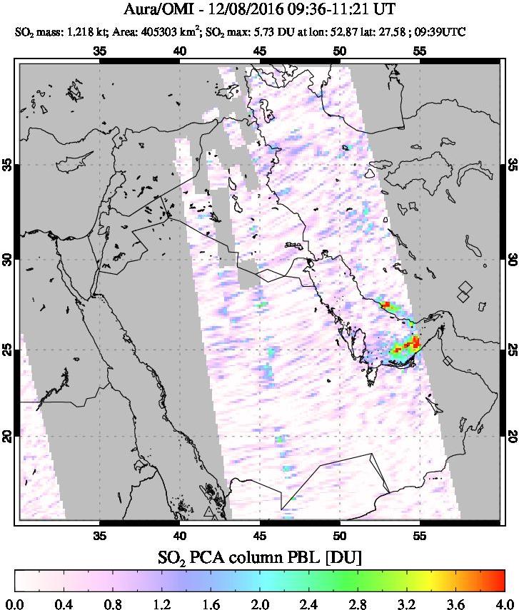 A sulfur dioxide image over Middle East on Dec 08, 2016.