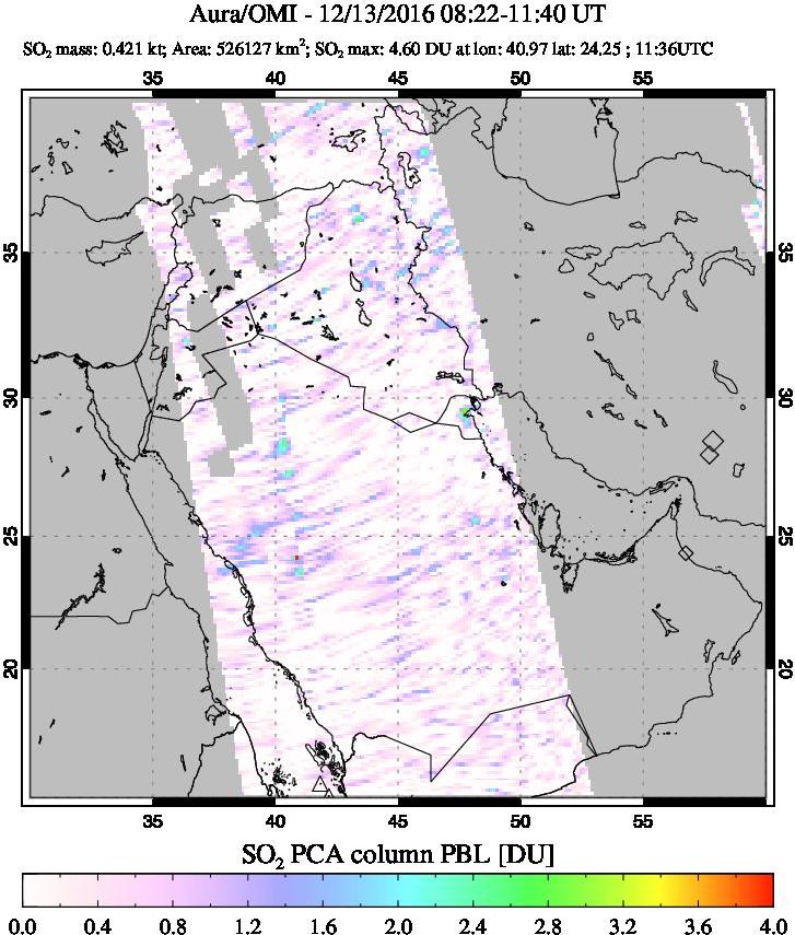 A sulfur dioxide image over Middle East on Dec 13, 2016.