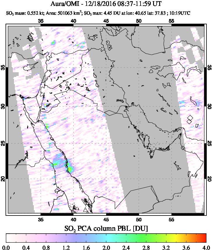 A sulfur dioxide image over Middle East on Dec 18, 2016.