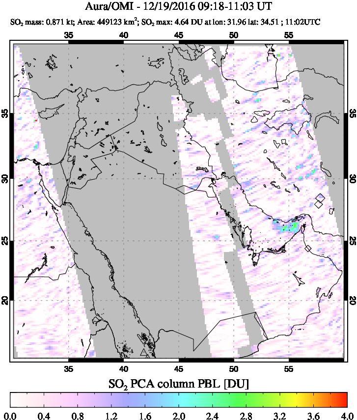 A sulfur dioxide image over Middle East on Dec 19, 2016.