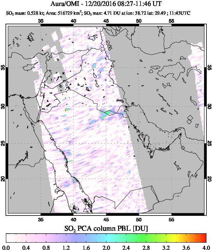 A sulfur dioxide image over Middle East on Dec 20, 2016.