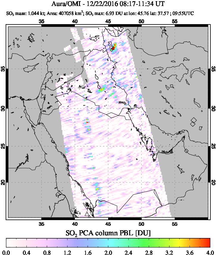 A sulfur dioxide image over Middle East on Dec 22, 2016.