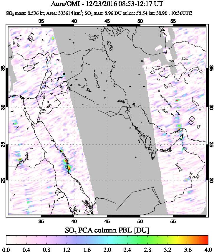 A sulfur dioxide image over Middle East on Dec 23, 2016.