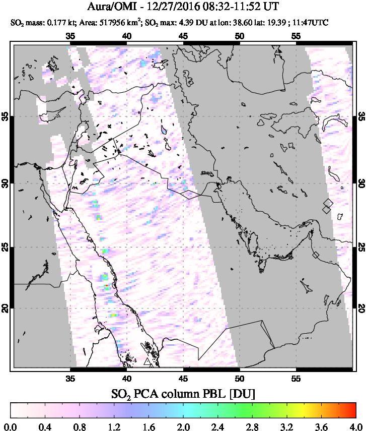 A sulfur dioxide image over Middle East on Dec 27, 2016.