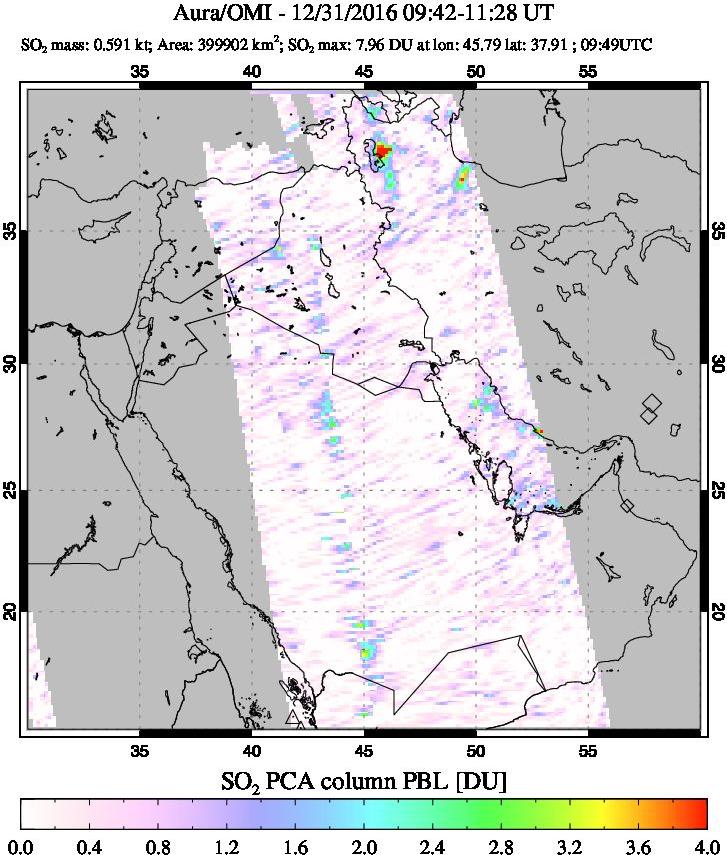 A sulfur dioxide image over Middle East on Dec 31, 2016.