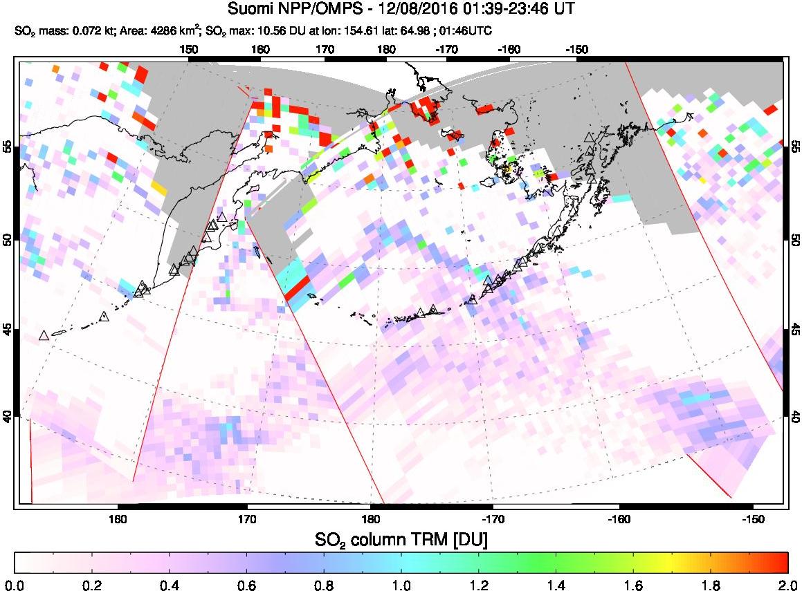 A sulfur dioxide image over North Pacific on Dec 08, 2016.