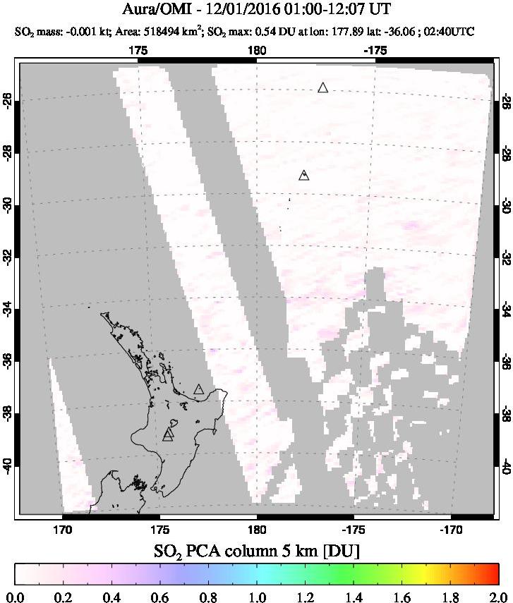 A sulfur dioxide image over New Zealand on Dec 01, 2016.