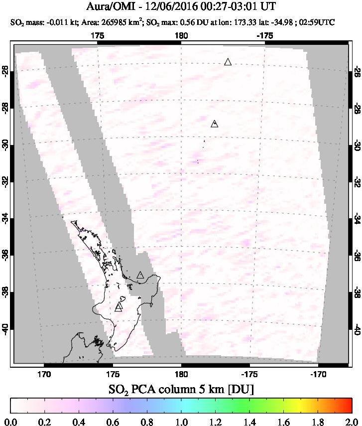A sulfur dioxide image over New Zealand on Dec 06, 2016.