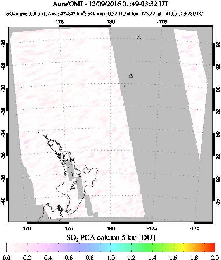 A sulfur dioxide image over New Zealand on Dec 09, 2016.