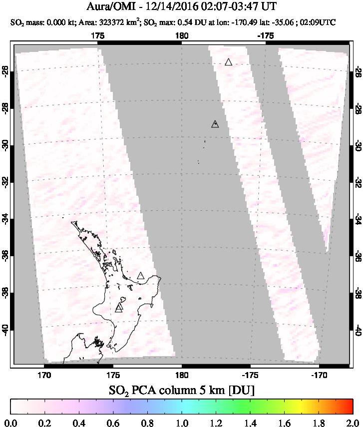 A sulfur dioxide image over New Zealand on Dec 14, 2016.
