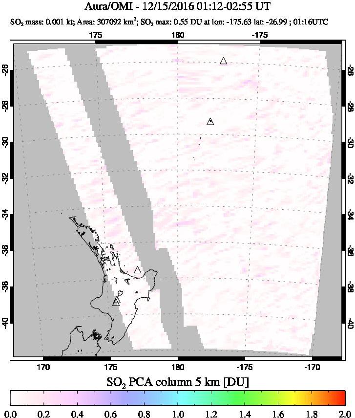 A sulfur dioxide image over New Zealand on Dec 15, 2016.