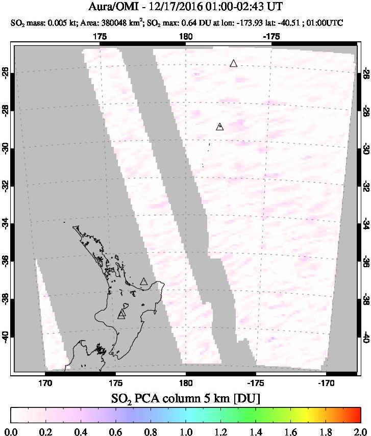 A sulfur dioxide image over New Zealand on Dec 17, 2016.