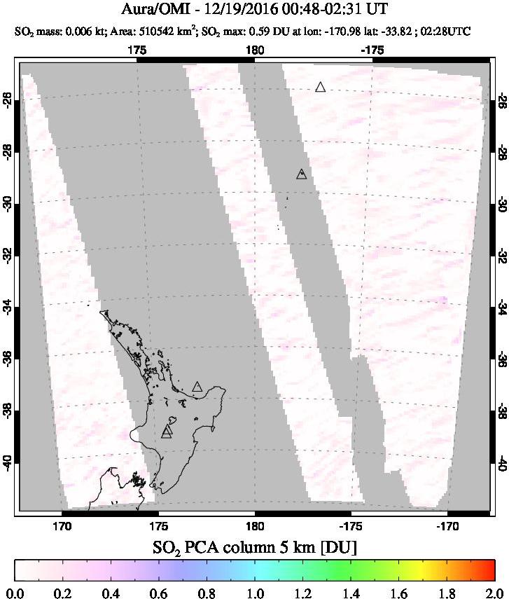 A sulfur dioxide image over New Zealand on Dec 19, 2016.