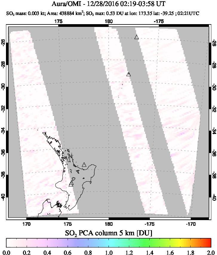 A sulfur dioxide image over New Zealand on Dec 28, 2016.