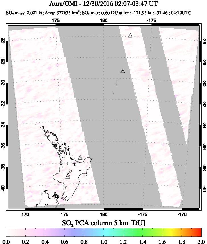 A sulfur dioxide image over New Zealand on Dec 30, 2016.