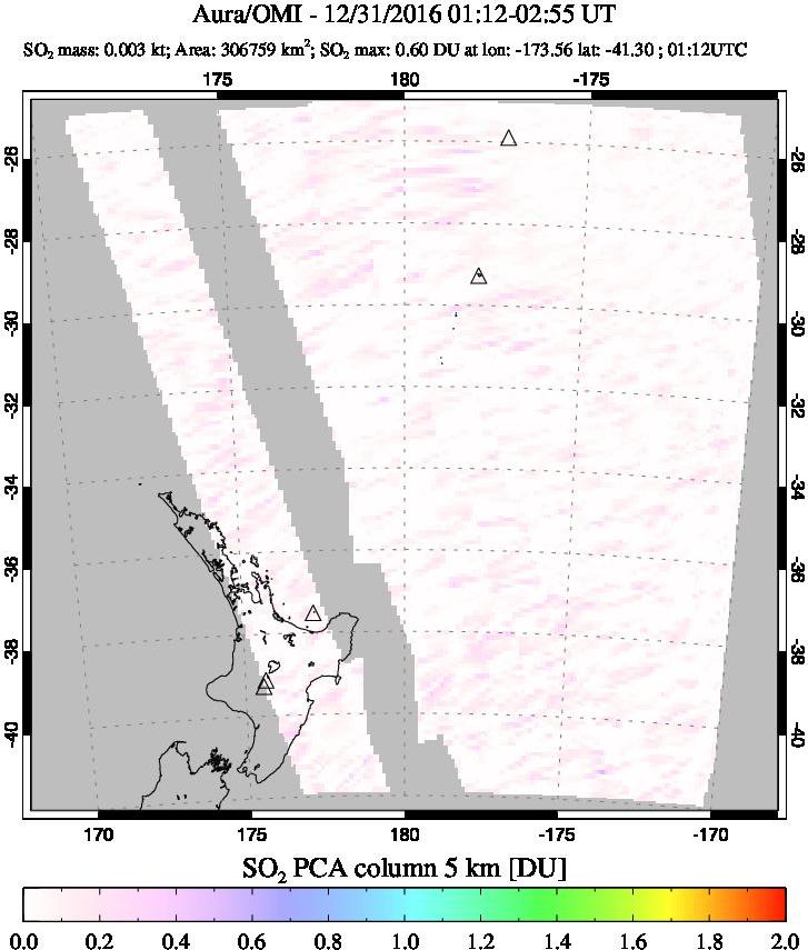 A sulfur dioxide image over New Zealand on Dec 31, 2016.
