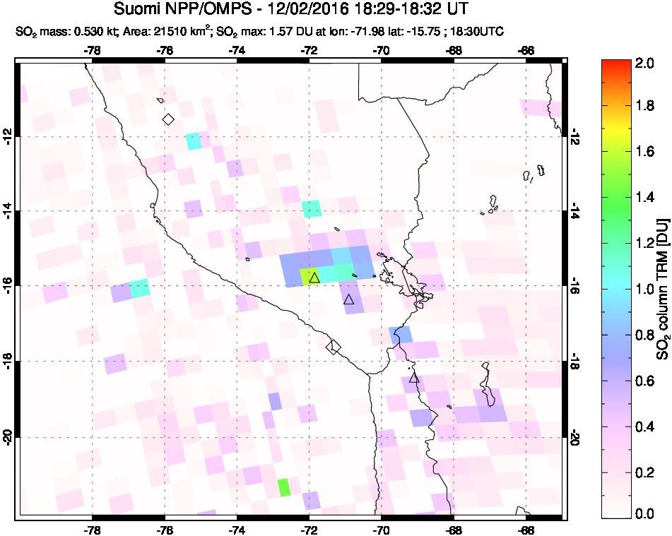 A sulfur dioxide image over Peru on Dec 02, 2016.