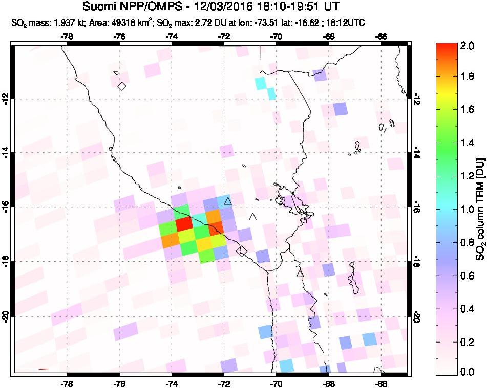 A sulfur dioxide image over Peru on Dec 03, 2016.