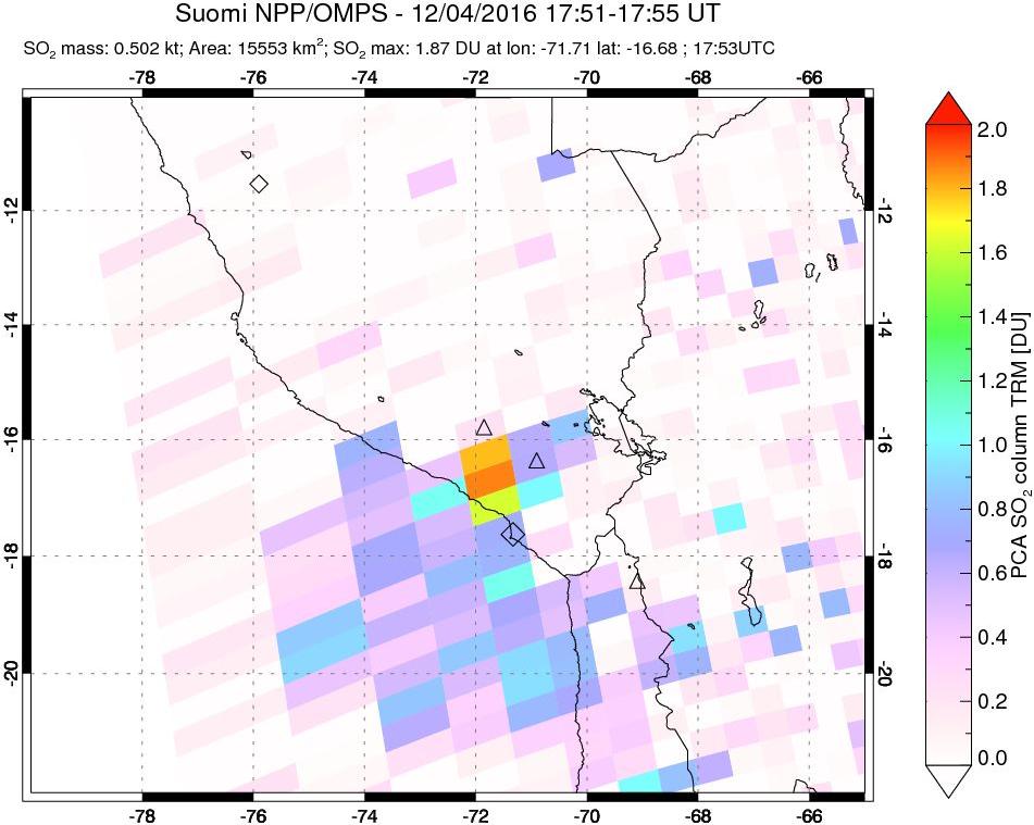 A sulfur dioxide image over Peru on Dec 04, 2016.