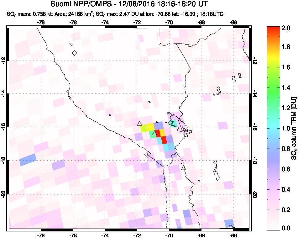 A sulfur dioxide image over Peru on Dec 08, 2016.