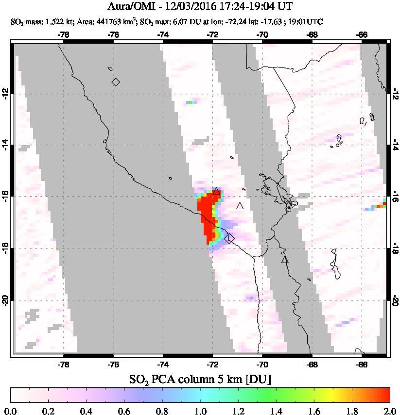 A sulfur dioxide image over Peru on Dec 03, 2016.