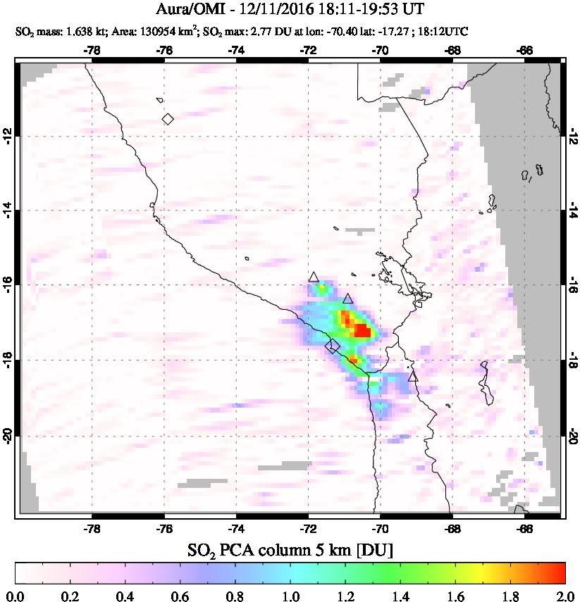 A sulfur dioxide image over Peru on Dec 11, 2016.