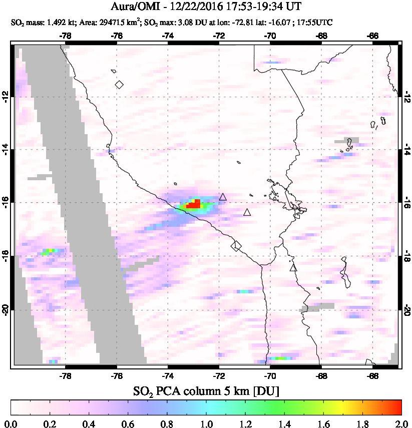 A sulfur dioxide image over Peru on Dec 22, 2016.