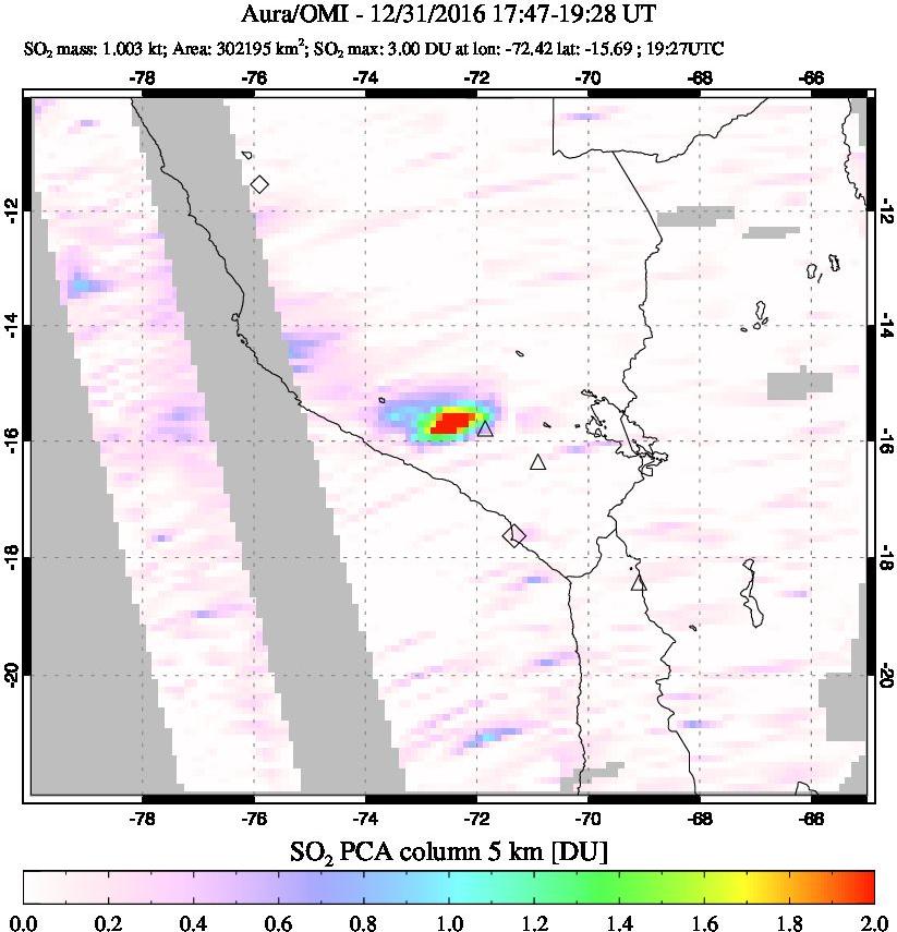 A sulfur dioxide image over Peru on Dec 31, 2016.