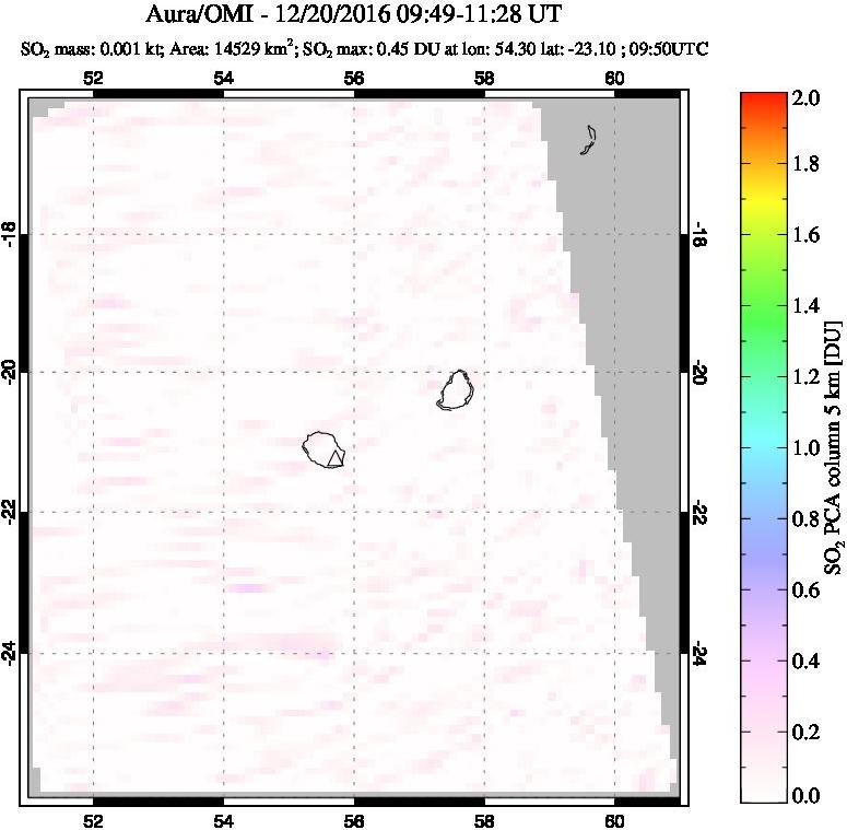 A sulfur dioxide image over Reunion Island, Indian Ocean on Dec 20, 2016.