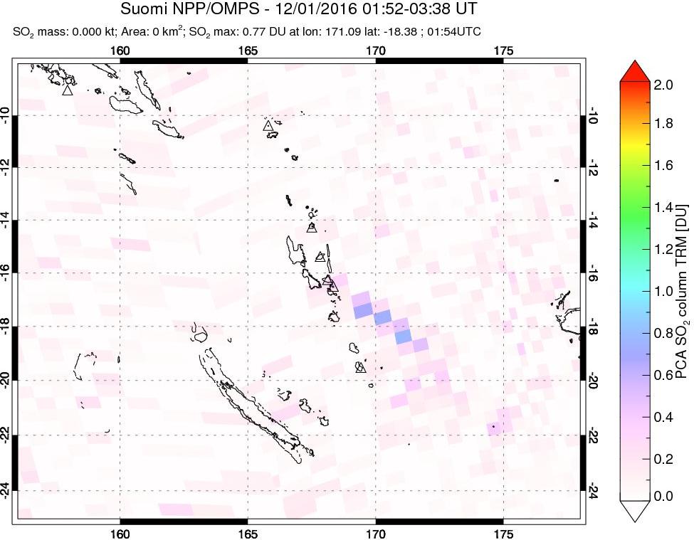 A sulfur dioxide image over Vanuatu, South Pacific on Dec 01, 2016.