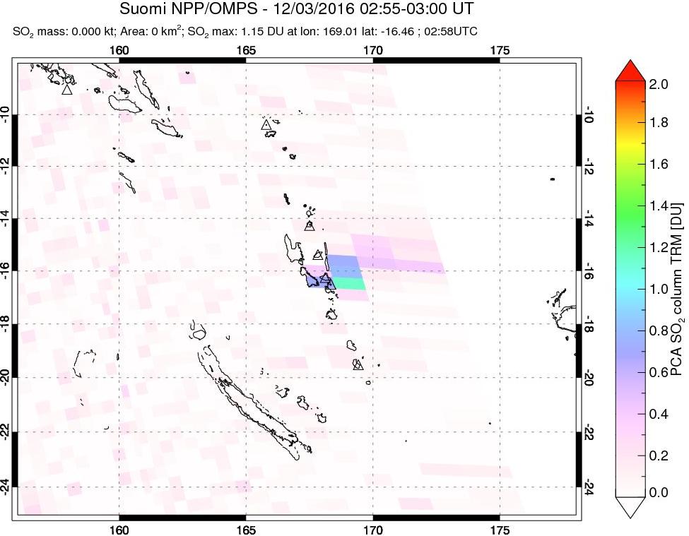 A sulfur dioxide image over Vanuatu, South Pacific on Dec 03, 2016.