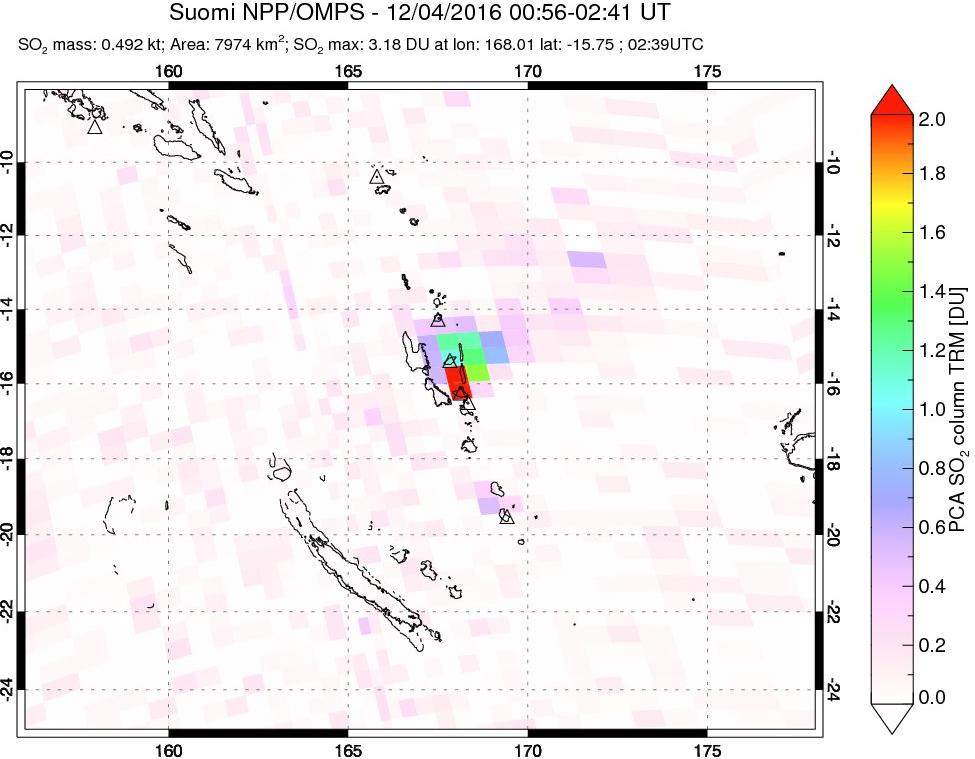 A sulfur dioxide image over Vanuatu, South Pacific on Dec 04, 2016.