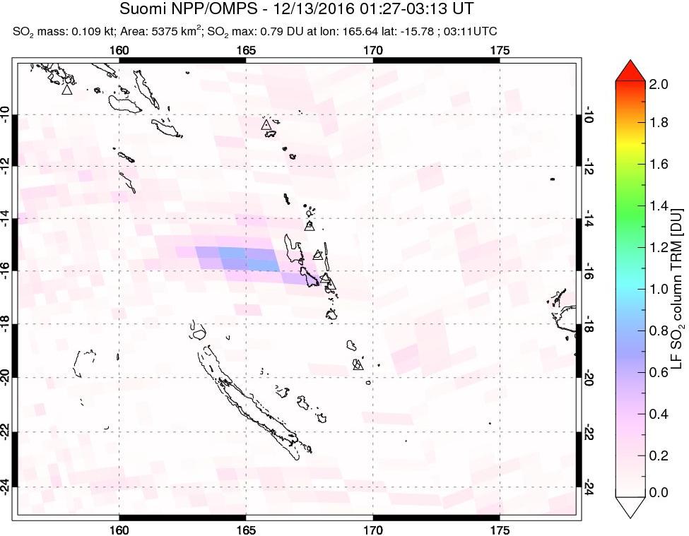 A sulfur dioxide image over Vanuatu, South Pacific on Dec 13, 2016.