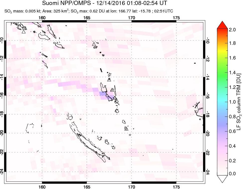 A sulfur dioxide image over Vanuatu, South Pacific on Dec 14, 2016.