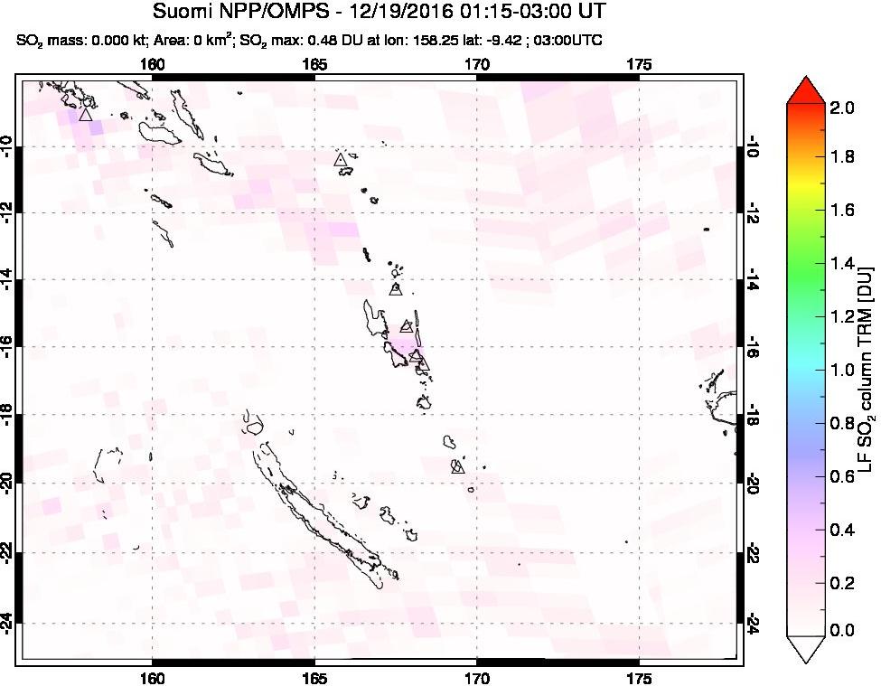A sulfur dioxide image over Vanuatu, South Pacific on Dec 19, 2016.