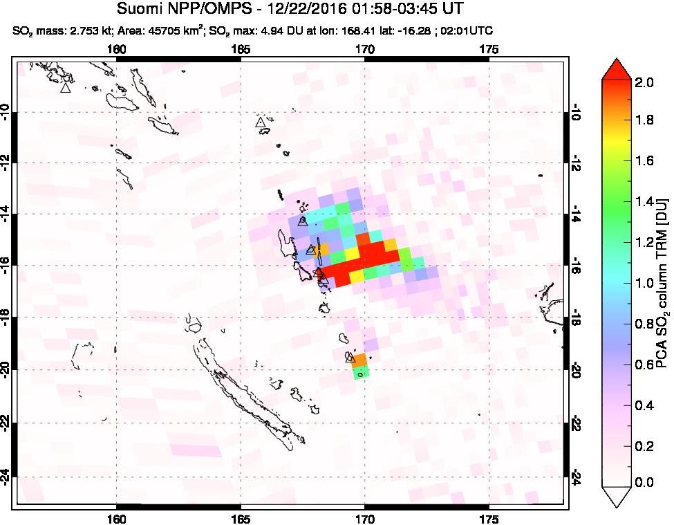A sulfur dioxide image over Vanuatu, South Pacific on Dec 22, 2016.