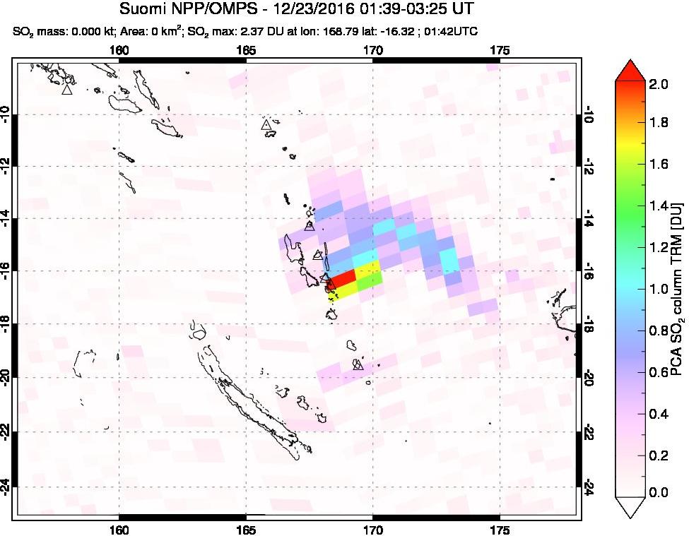 A sulfur dioxide image over Vanuatu, South Pacific on Dec 23, 2016.