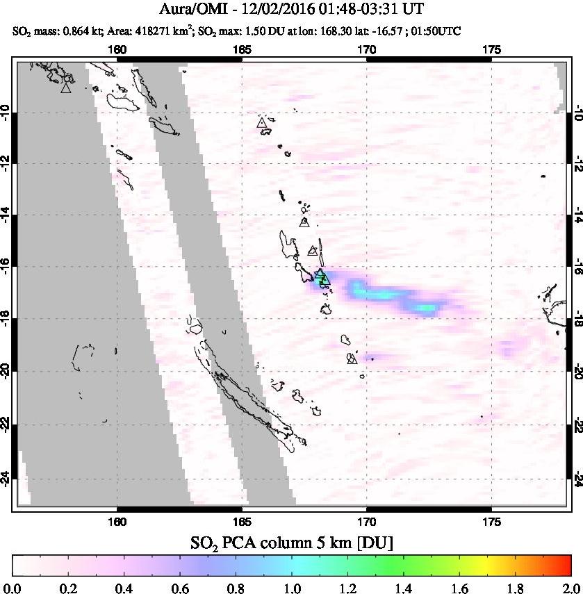 A sulfur dioxide image over Vanuatu, South Pacific on Dec 02, 2016.