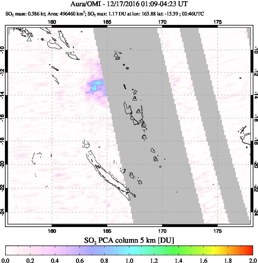 A sulfur dioxide image over Vanuatu, South Pacific on Dec 17, 2016.