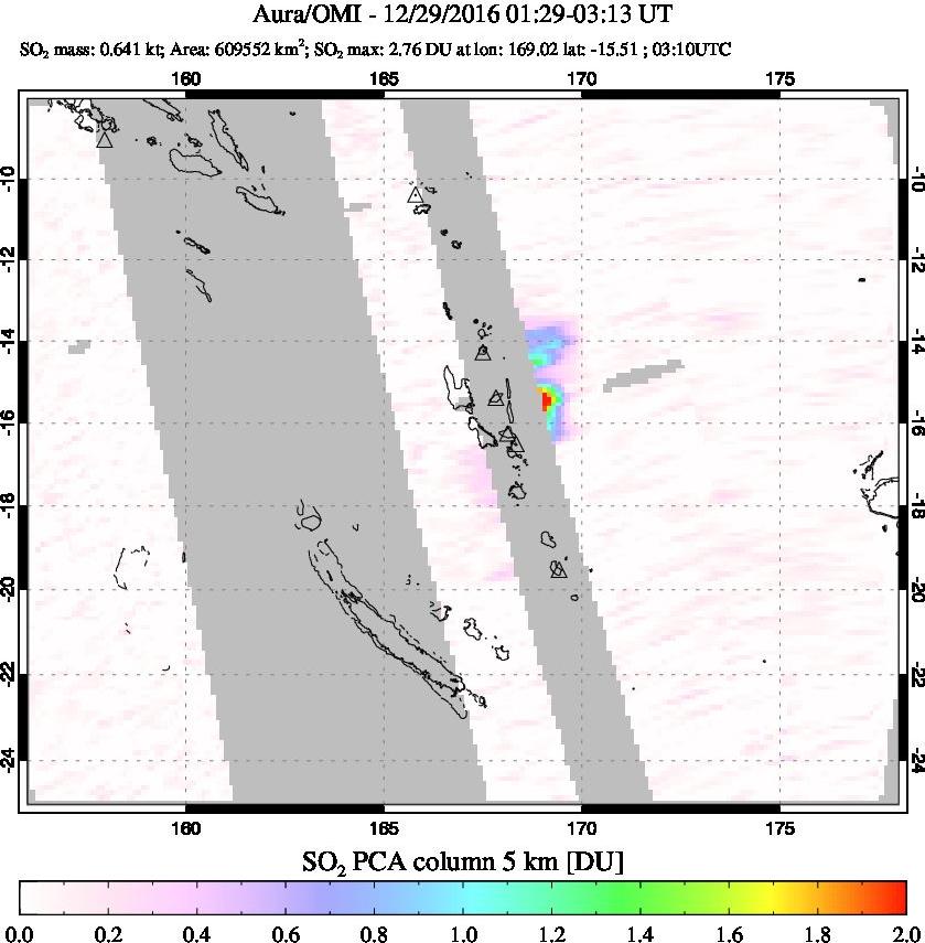 A sulfur dioxide image over Vanuatu, South Pacific on Dec 29, 2016.