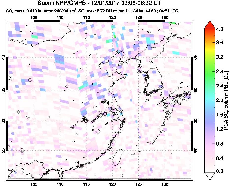 A sulfur dioxide image over Eastern China on Dec 01, 2017.