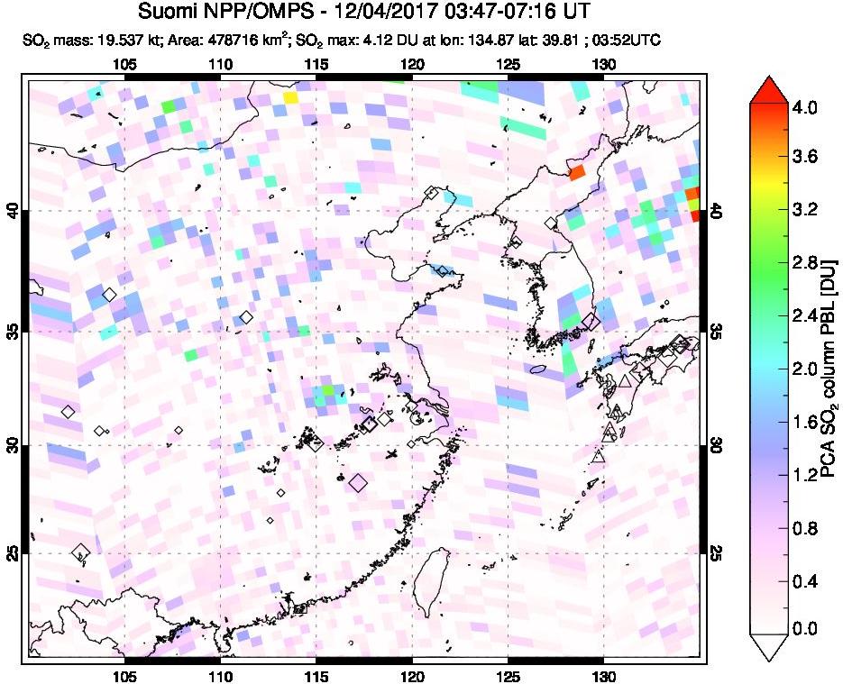 A sulfur dioxide image over Eastern China on Dec 04, 2017.
