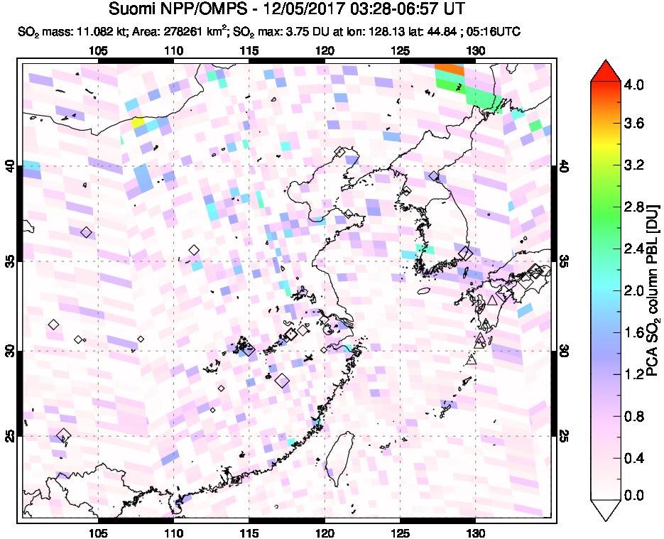 A sulfur dioxide image over Eastern China on Dec 05, 2017.