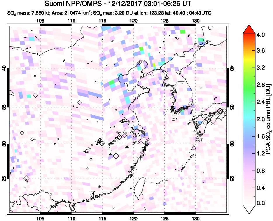 A sulfur dioxide image over Eastern China on Dec 12, 2017.