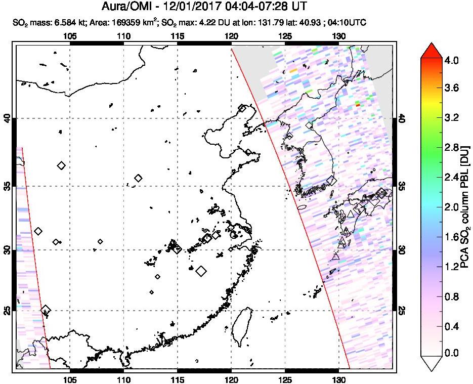 A sulfur dioxide image over Eastern China on Dec 01, 2017.