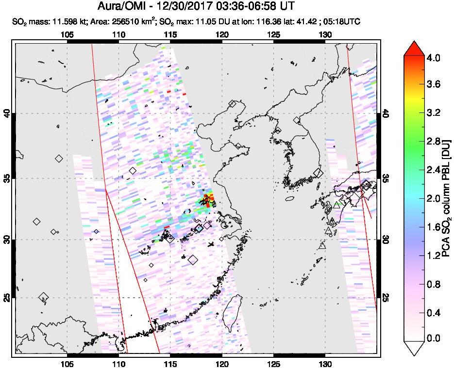 A sulfur dioxide image over Eastern China on Dec 30, 2017.