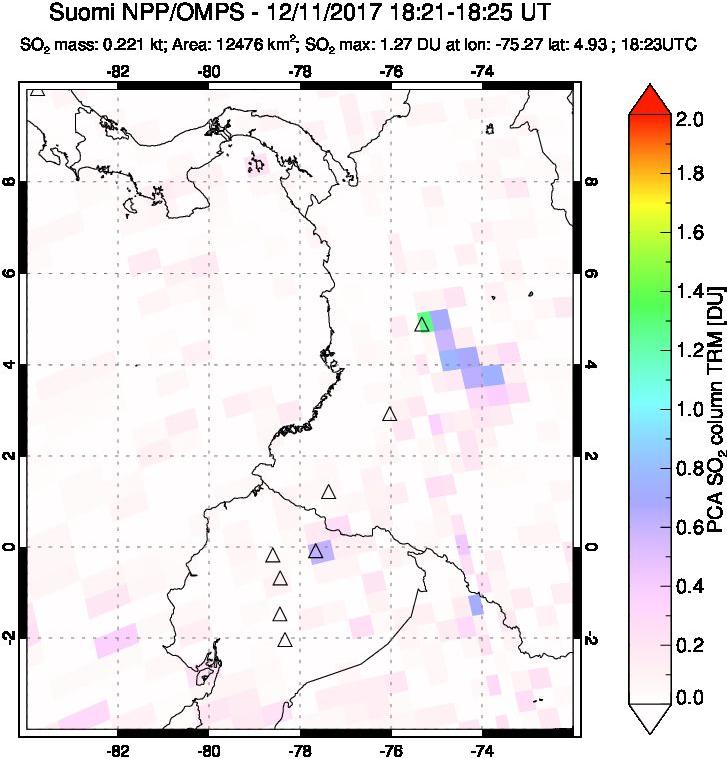 A sulfur dioxide image over Ecuador on Dec 11, 2017.