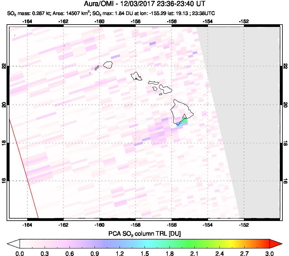 A sulfur dioxide image over Hawaii, USA on Dec 03, 2017.