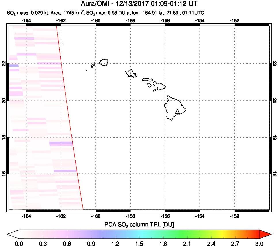 A sulfur dioxide image over Hawaii, USA on Dec 13, 2017.