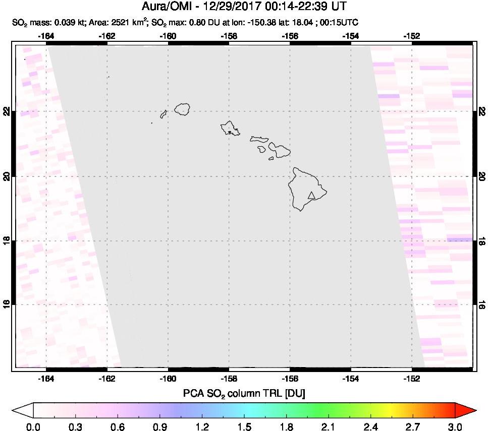 A sulfur dioxide image over Hawaii, USA on Dec 29, 2017.